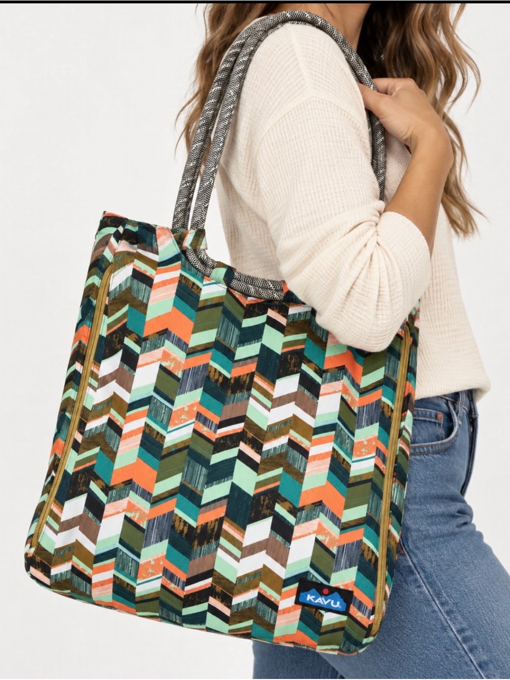 KAVU Market Bag Geometric Chevron Expandable Rope Handle Tote